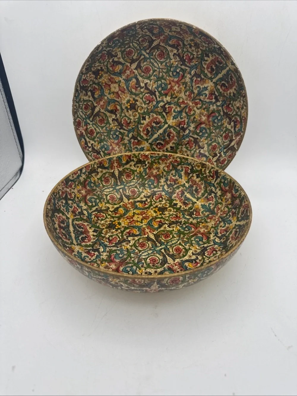 2 VTG MCM Viking Paper Mache Bowl Import Japan  Floral Pattern 9”